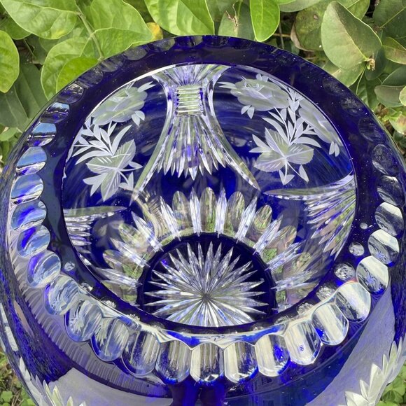 Bohemian Crystal Cobalt Blue Cut to Clear Large Rose Bowl 7” - Picture 2 of 11